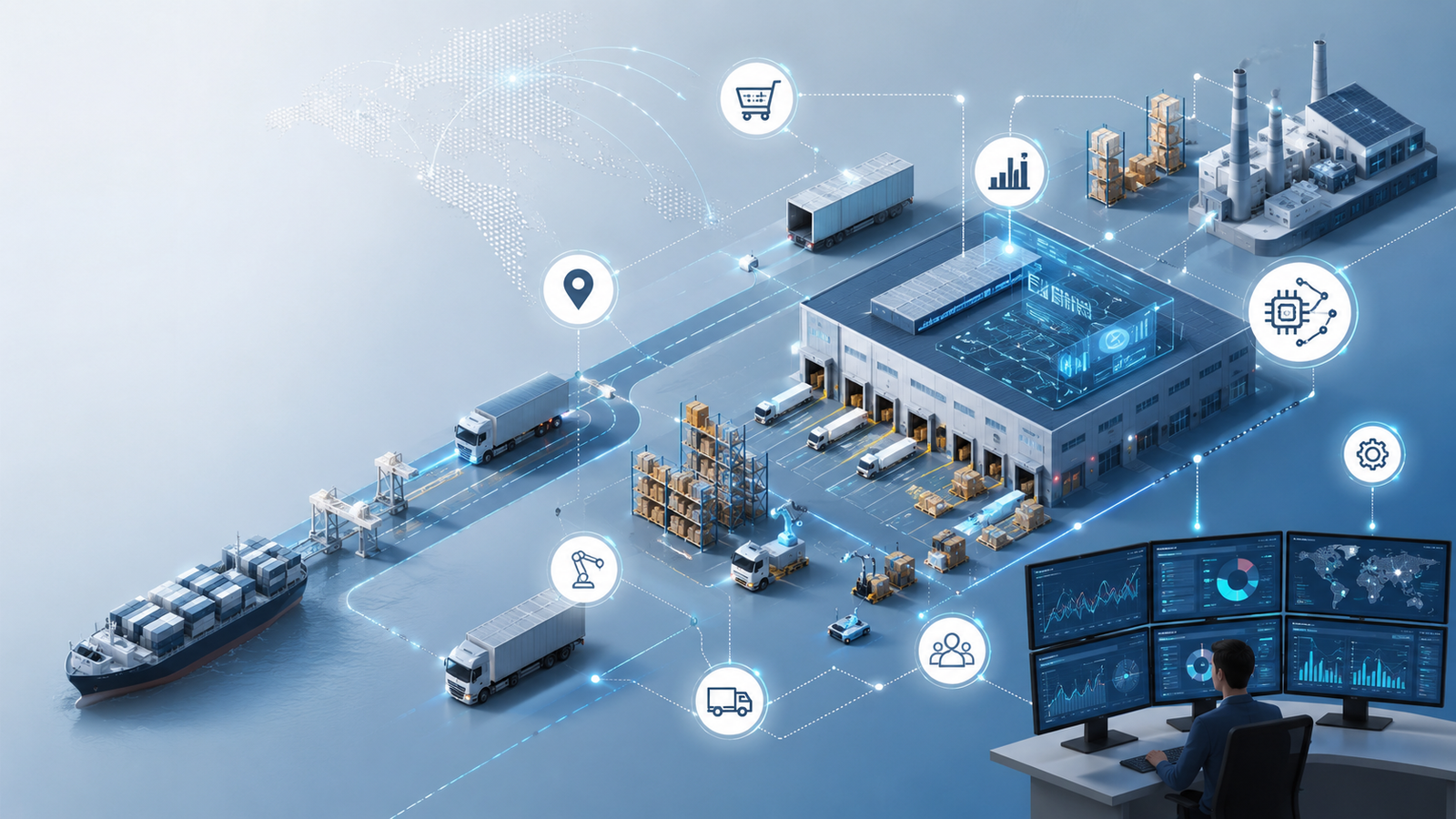 Visuel conceptuel montrant l’usage de l’IA pour piloter les flux de la supply chain.