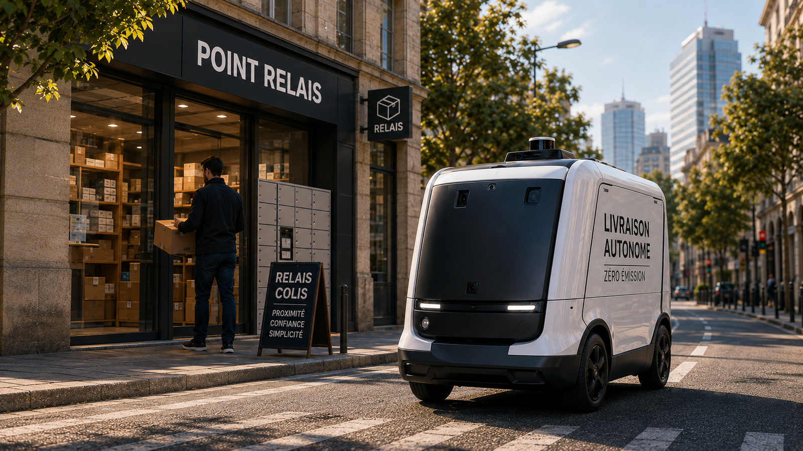 Robot de livraison autonome circulant sur la chaussée, dernier kilomètre urbain