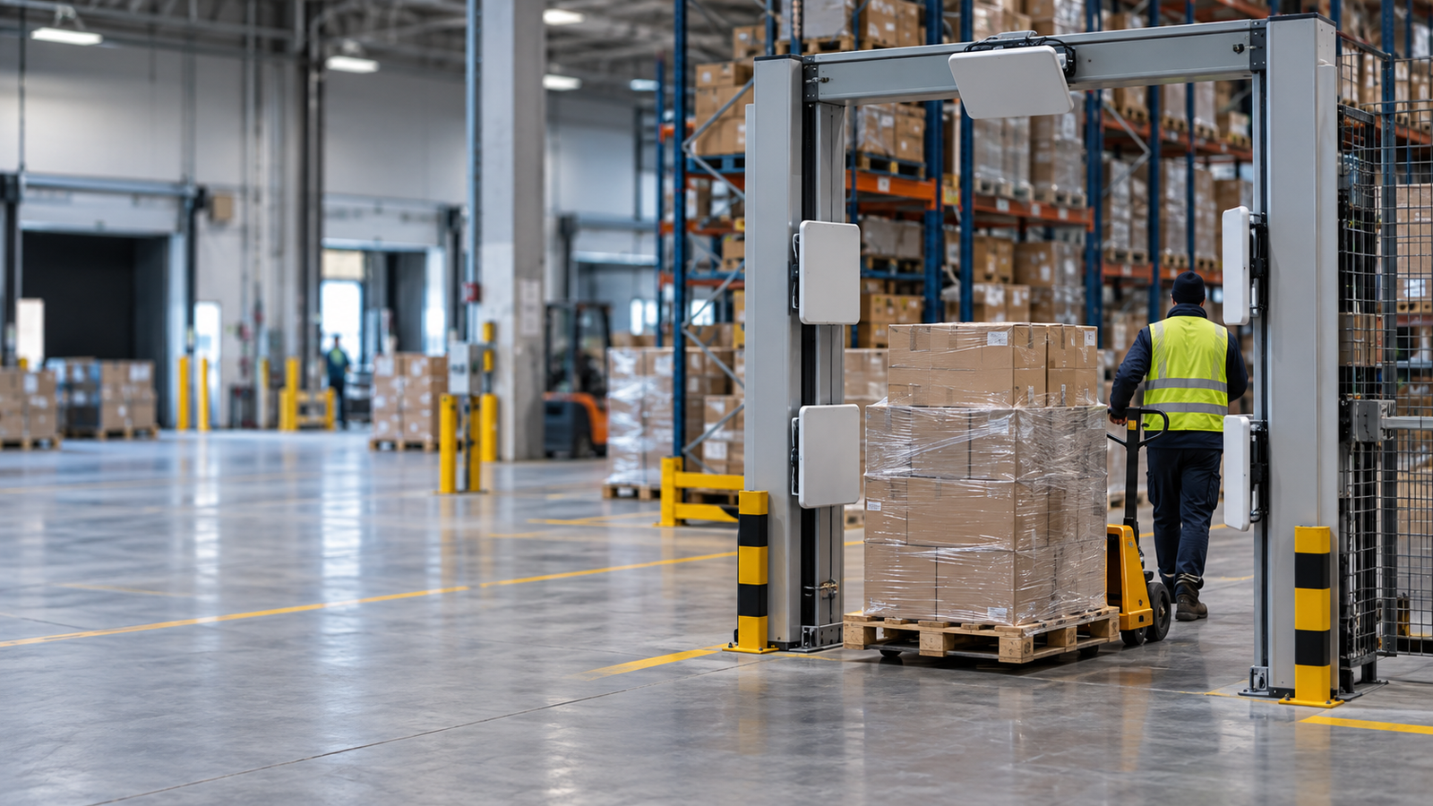 Portique de lecture RFID en entrepôt pour le suivi des stocks
